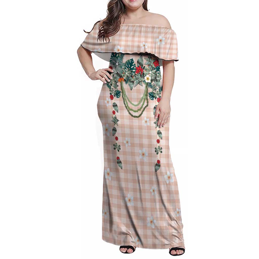Peach Hawaiian Palaka Family Matching Off Shoulder Maxi Dress and Hawaiian Shirt Kukui Nut Money Lei - Polynesian Pride