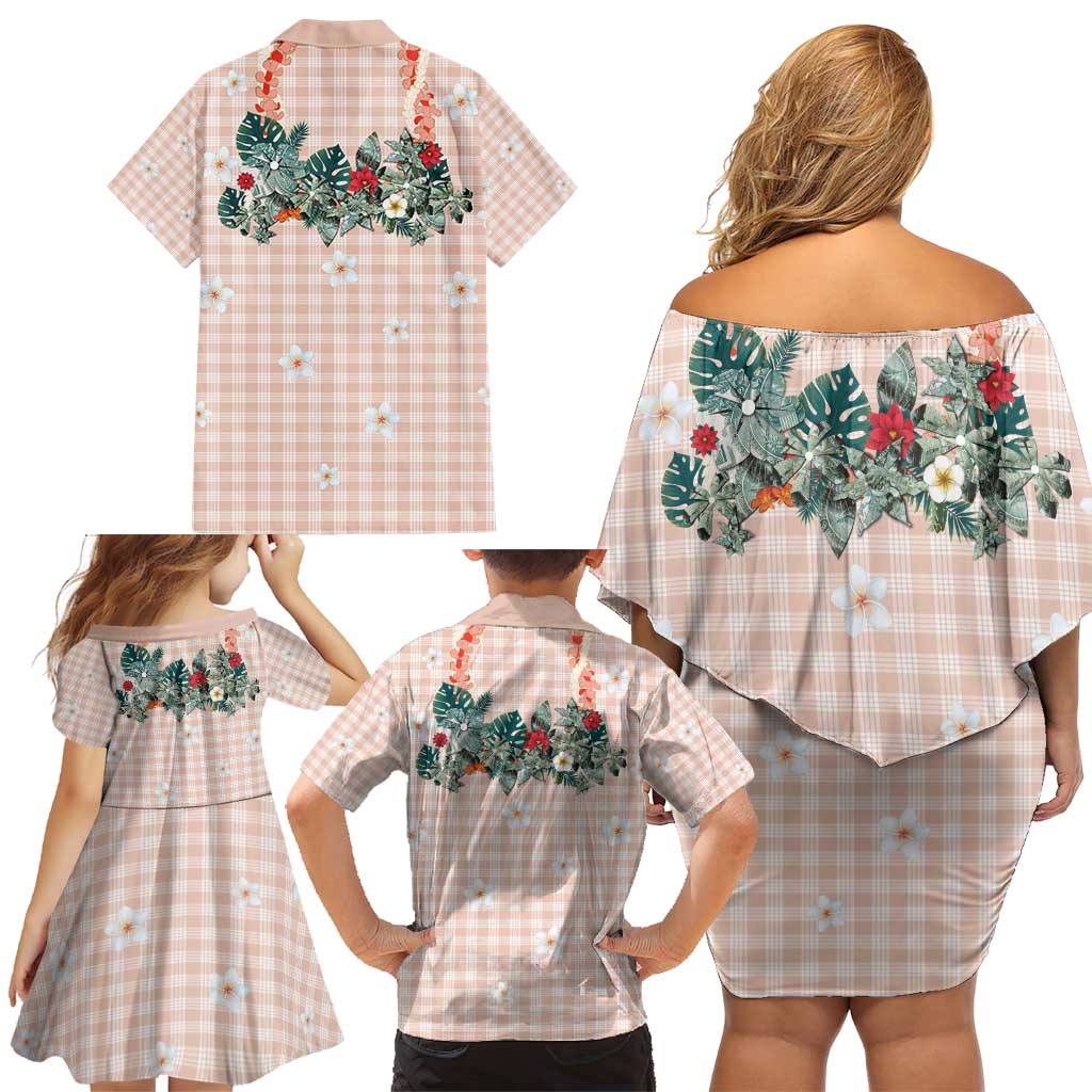 Peach Hawaiian Palaka Family Matching Off Shoulder Short Dress and Hawaiian Shirt Kukui Nut Money Lei - Polynesian Pride
