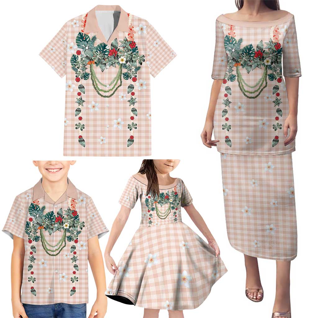 Peach Hawaiian Palaka Family Matching Puletasi and Hawaiian Shirt Kukui Nut Money Lei - Polynesian Pride