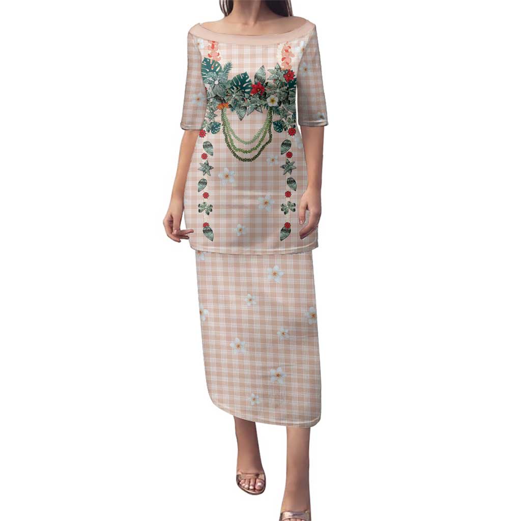 Peach Hawaiian Palaka Family Matching Puletasi and Hawaiian Shirt Kukui Nut Money Lei - Polynesian Pride