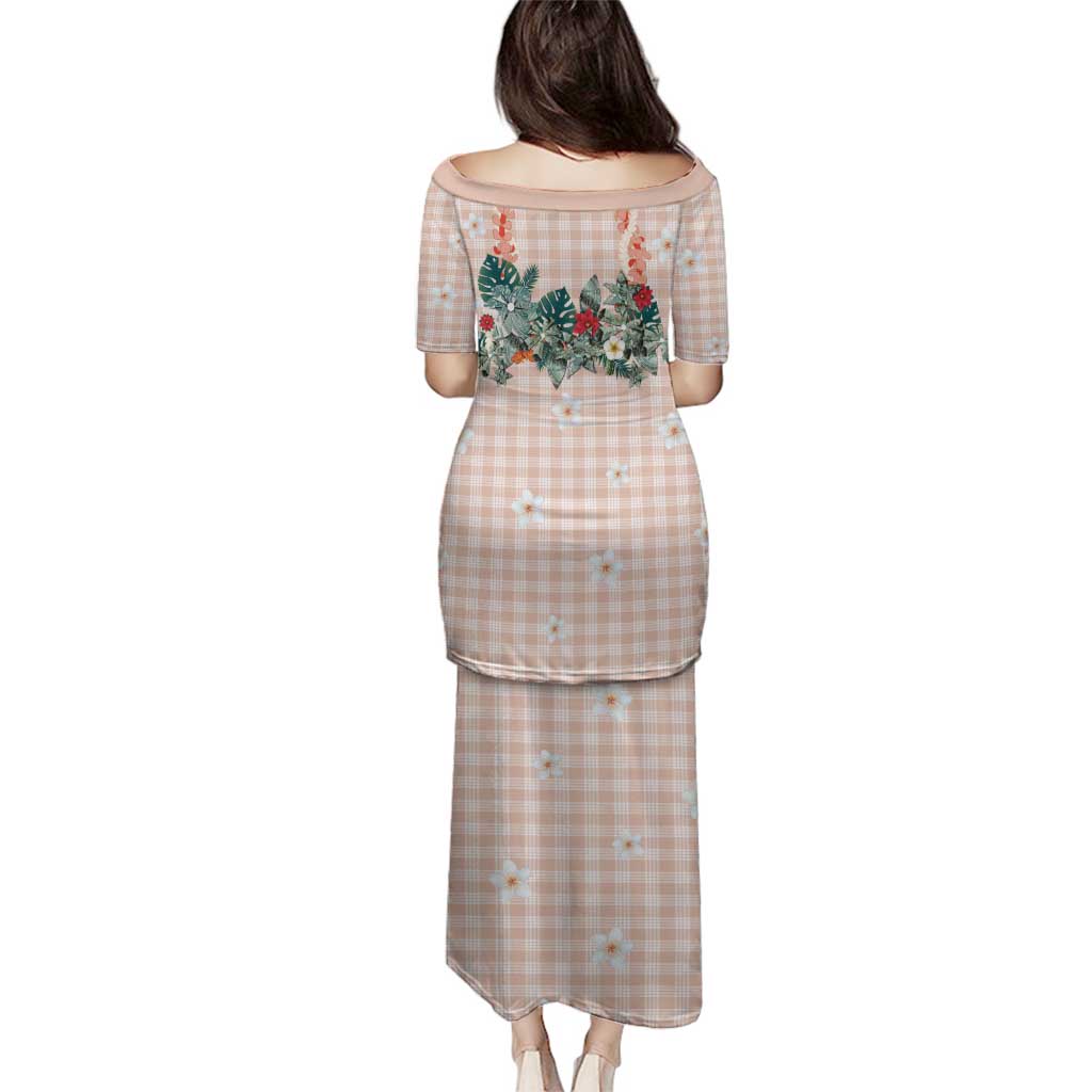 Peach Hawaiian Palaka Family Matching Puletasi and Hawaiian Shirt Kukui Nut Money Lei - Polynesian Pride