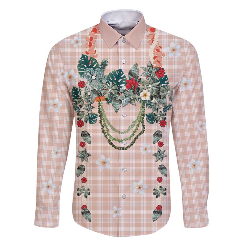 Peach Hawaiian Palaka Family Matching Short Sleeve Bodycon Dress and Hawaiian Shirt Kukui Nut Money Lei - Polynesian Pride