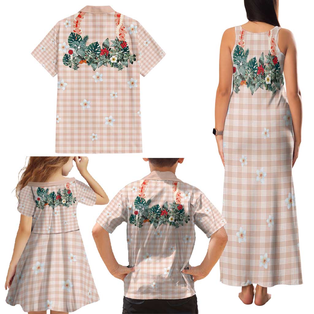 Peach Hawaiian Palaka Family Matching Tank Maxi Dress and Hawaiian Shirt Kukui Nut Money Lei - Polynesian Pride