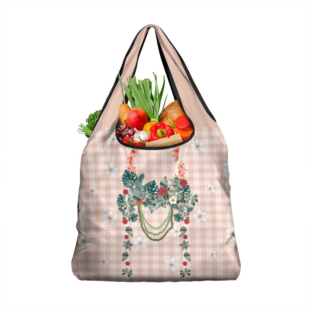 Peach Hawaiian Palaka Grocery Bag Kukui Nut Money Lei - Polynesian Pride