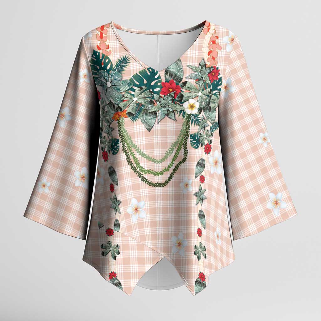 Peach Hawaiian Palaka Kimono Sleeve Blouse Kukui Nut Money Lei - Polynesian Pride