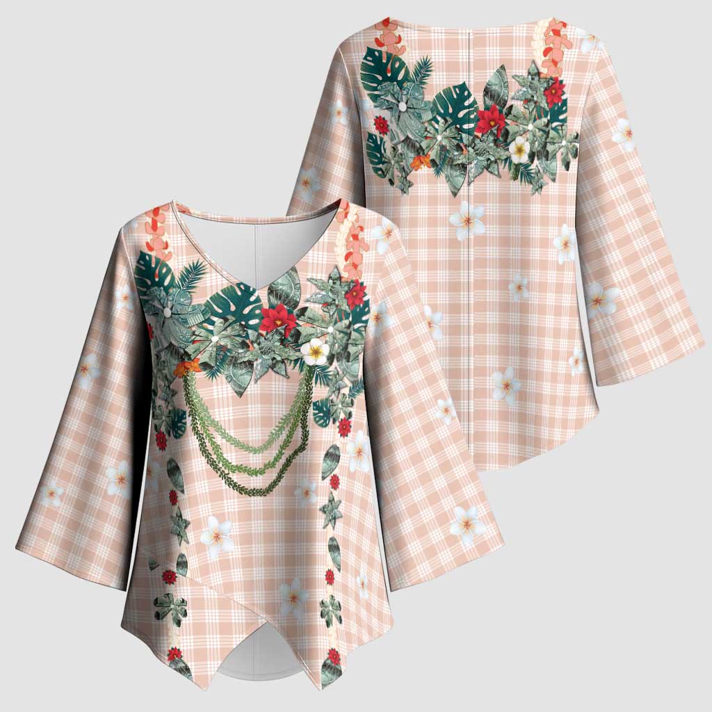 Peach Hawaiian Palaka Kimono Sleeve Blouse Kukui Nut Money Lei - Polynesian Pride