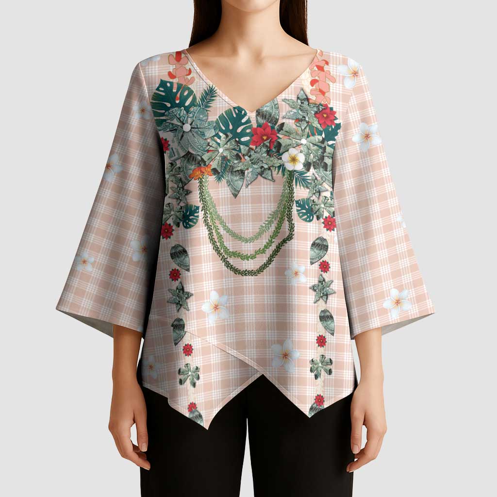 Peach Hawaiian Palaka Kimono Sleeve Blouse Kukui Nut Money Lei - Polynesian Pride