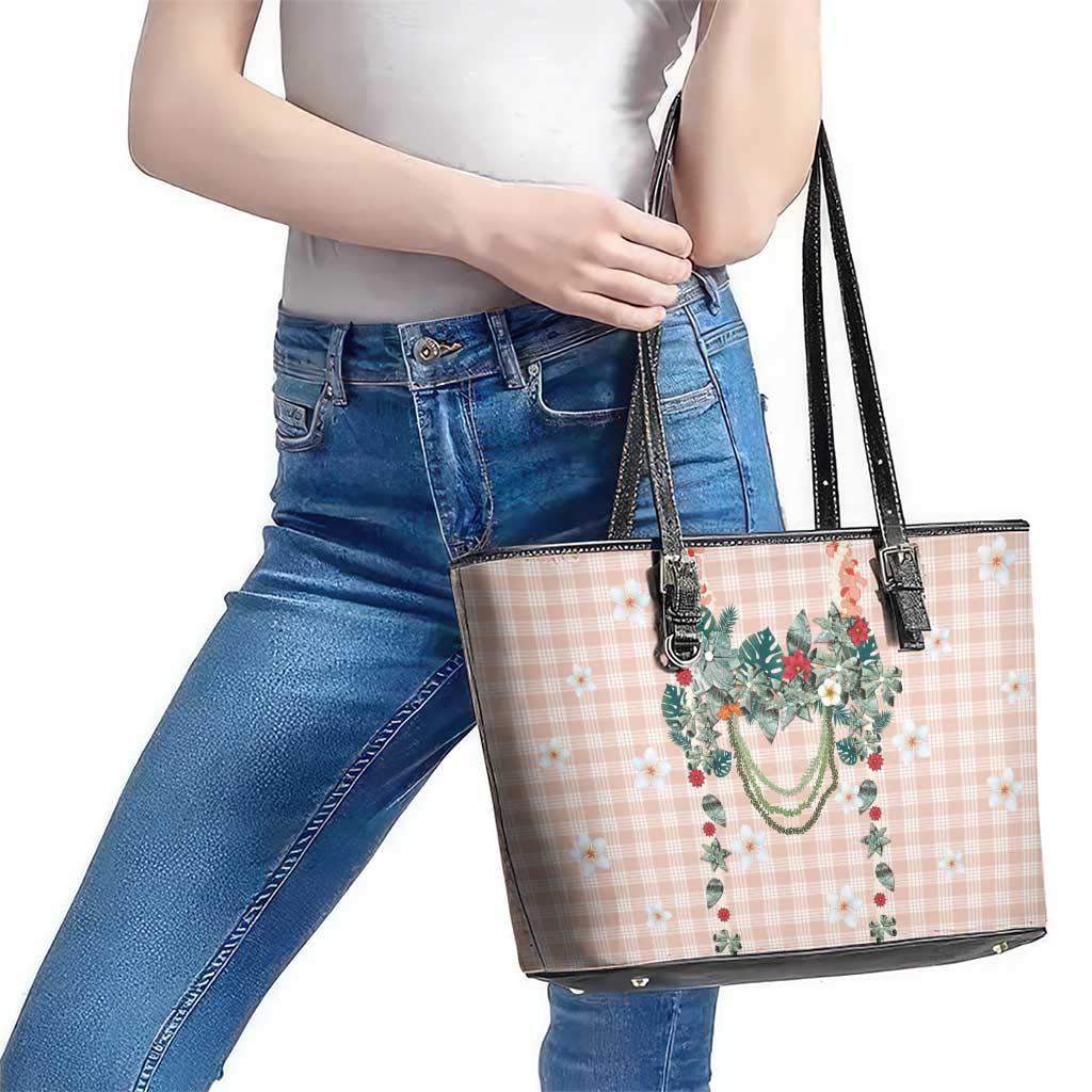 Peach Hawaiian Palaka Leather Tote Bag Kukui Nut Money Lei - Polynesian Pride