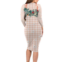 Peach Hawaiian Palaka Long Sleeve Bodycon Dress Kukui Nut Money Lei - Polynesian Pride