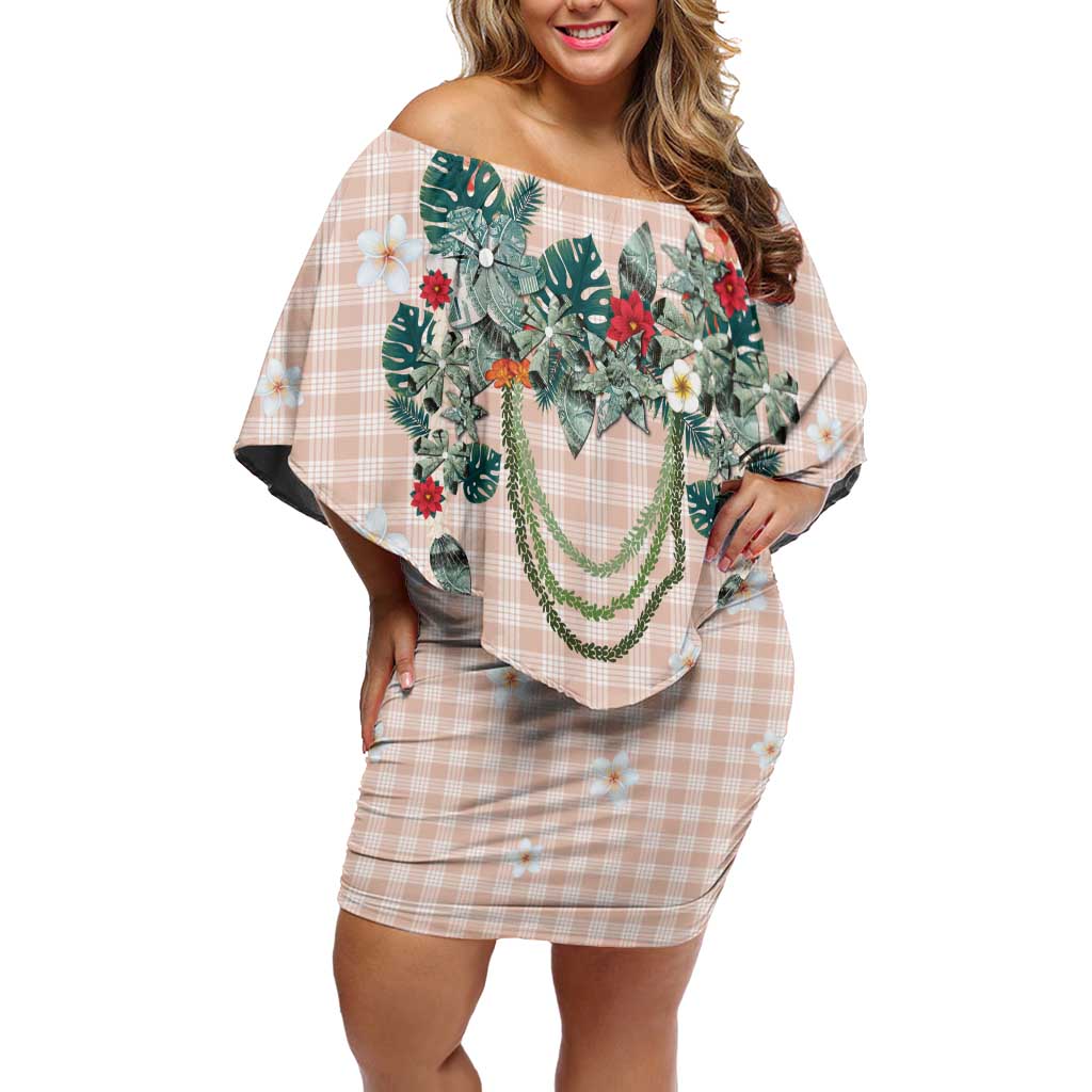 Peach Hawaiian Palaka Off Shoulder Short Dress Kukui Nut Money Lei - Polynesian Pride