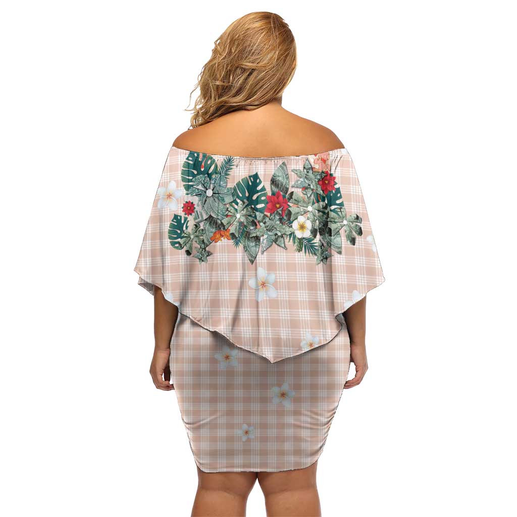Peach Hawaiian Palaka Off Shoulder Short Dress Kukui Nut Money Lei - Polynesian Pride
