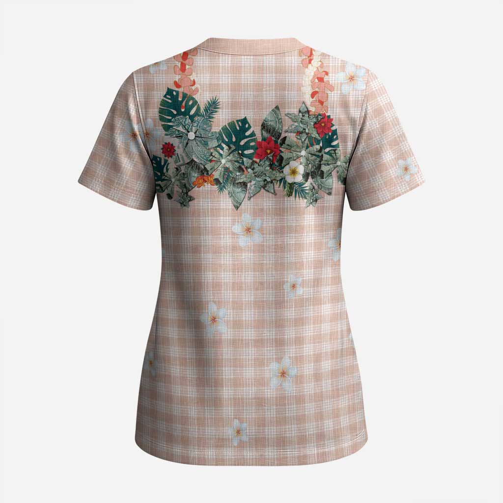 Peach Hawaiian Palaka Scrub Top Kukui Nut Money Lei - Polynesian Pride