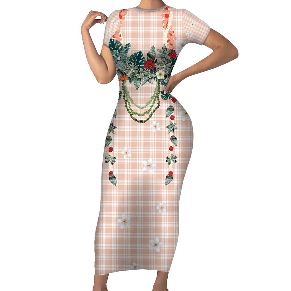 Peach Hawaiian Palaka Short Sleeve Bodycon Dress Kukui Nut Money Lei - Polynesian Pride