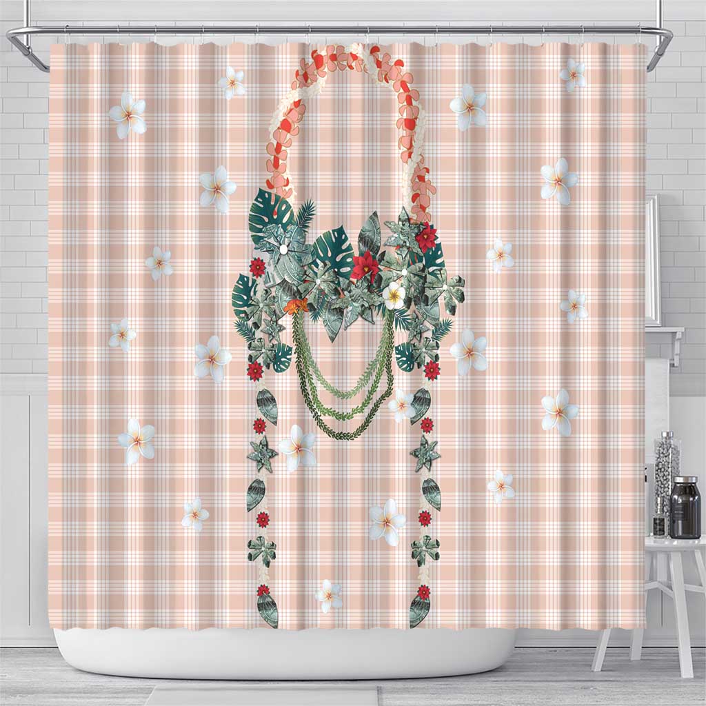 Peach Hawaiian Palaka Shower Curtain Kukui Nut Money Lei - Polynesian Pride