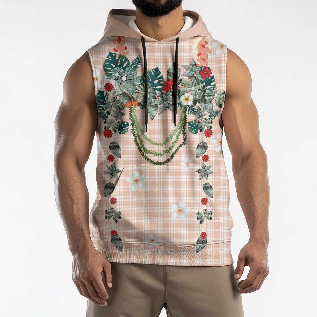 Peach Hawaiian Palaka Sleeveless Hoodie Kukui Nut Money Lei - Polynesian Pride