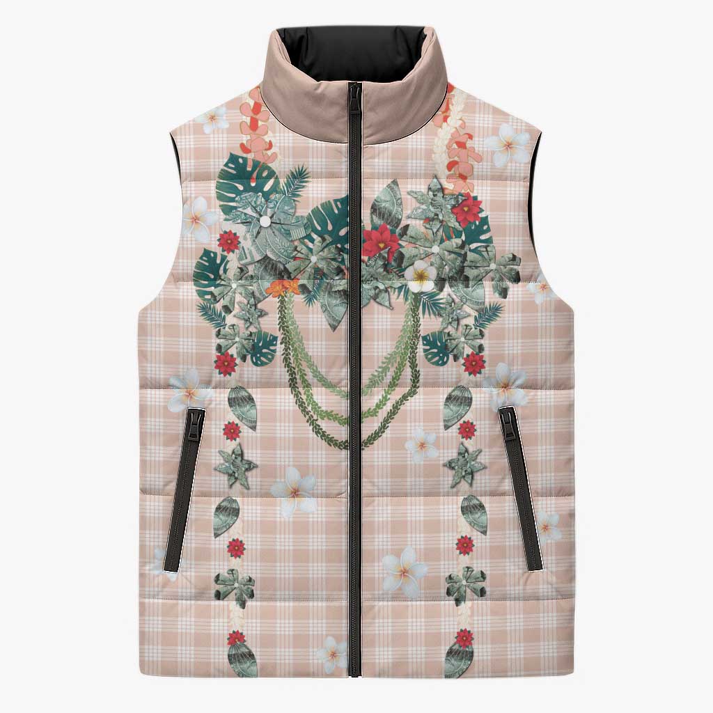 Peach Hawaiian Palaka Sleeveless Puffer Jacket Kukui Nut Money Lei - Polynesian Pride