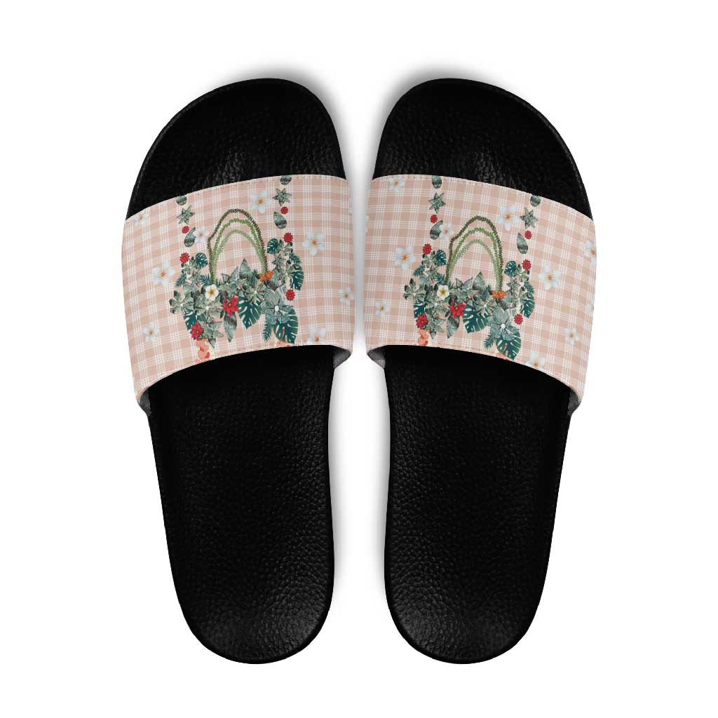 Peach Hawaiian Palaka Slide Sandals Kukui Nut Money Lei - Polynesian Pride