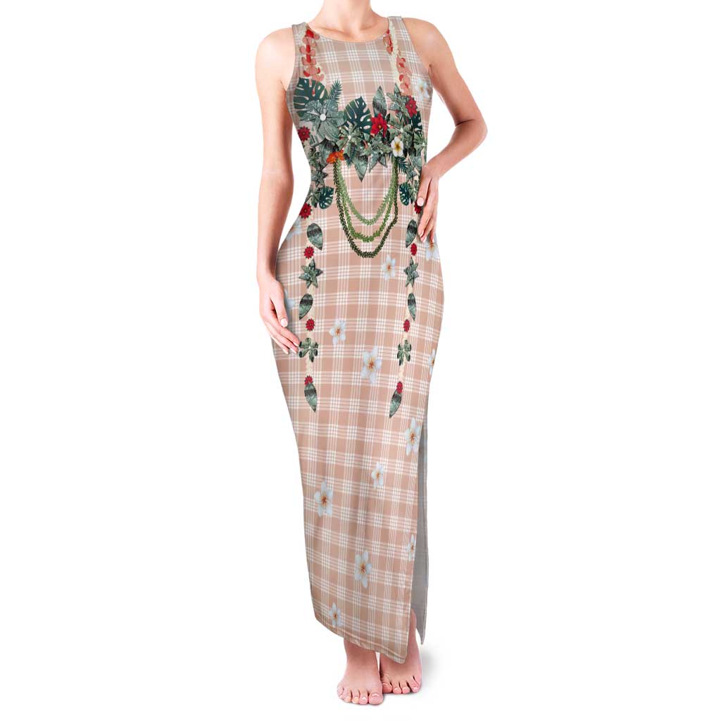 Peach Hawaiian Palaka Tank Maxi Dress Kukui Nut Money Lei - Polynesian Pride