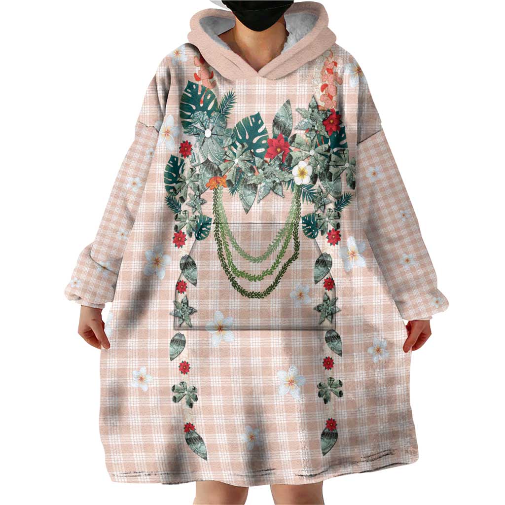 Peach Hawaiian Palaka Wearable Blanket Hoodie Kukui Nut Money Lei - Polynesian Pride