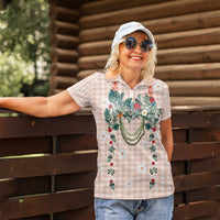 Peach Hawaiian Palaka Women Polo Shirt Kukui Nut Money Lei - Polynesian Pride