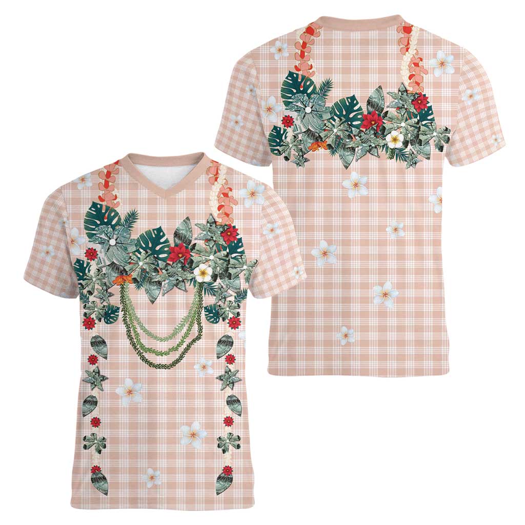 Peach Hawaiian Palaka Women V-Neck T-Shirt Kukui Nut Money Lei - Polynesian Pride