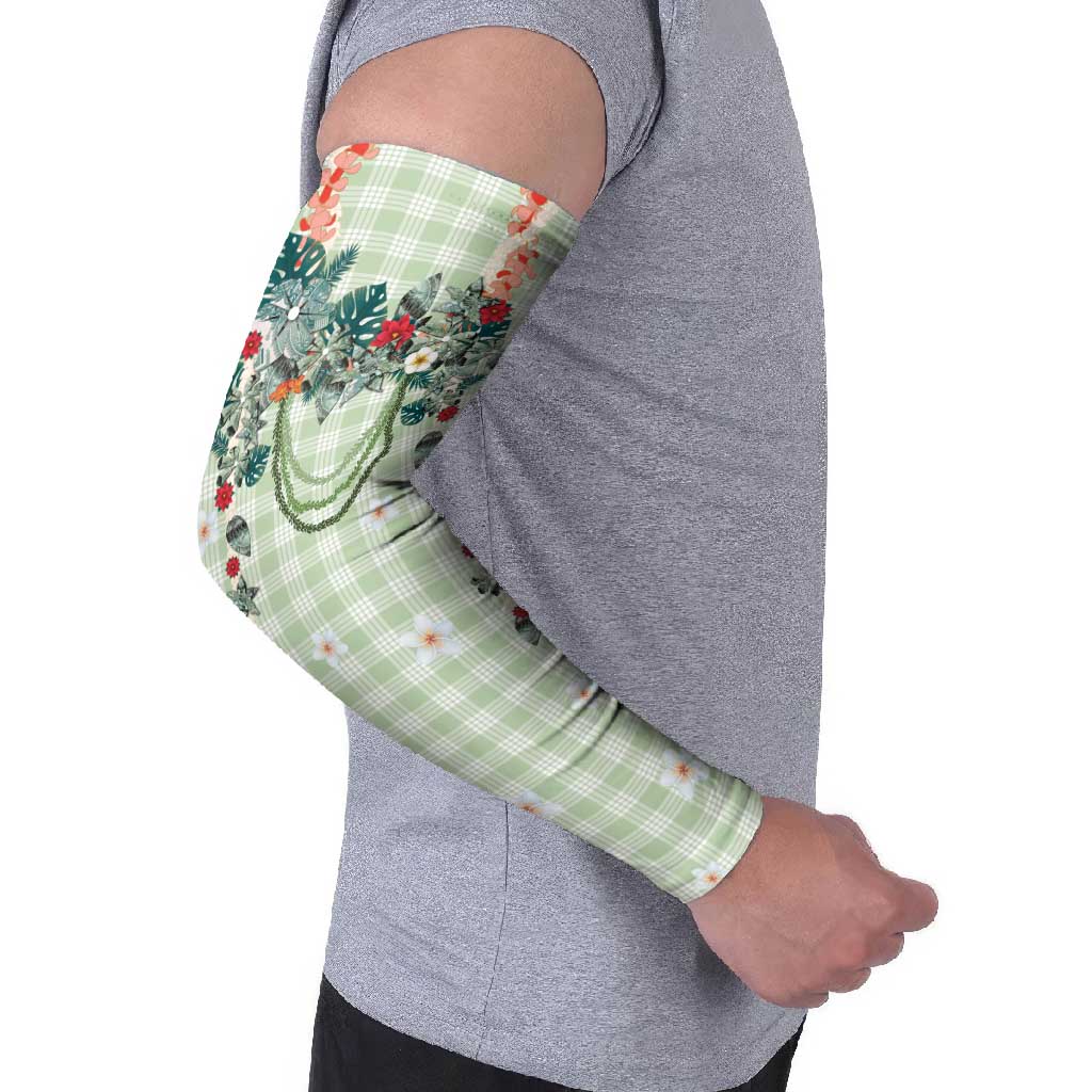 Sage Green Hawaiian Palaka Arm Sleeves Kukui Nut Money Lei - Polynesian Pride
