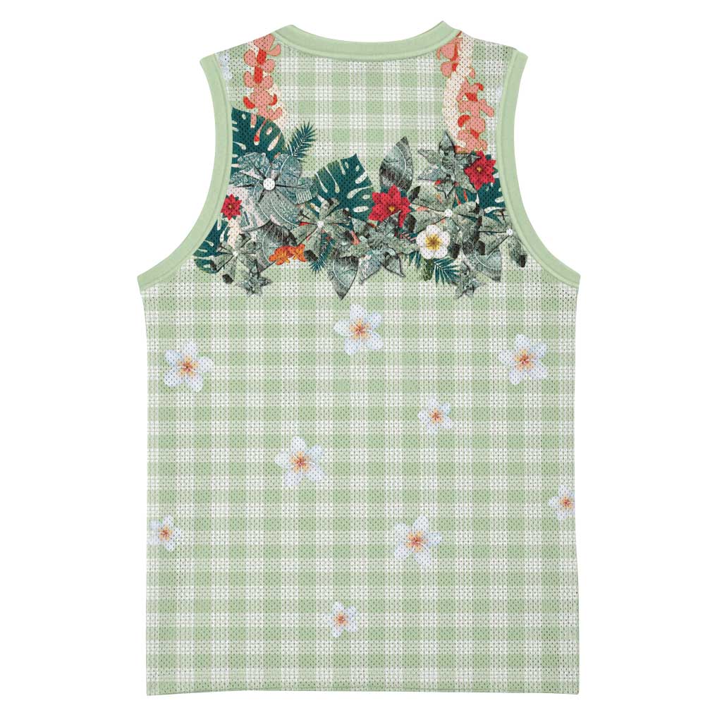 Sage Green Hawaiian Palaka Basketball Jersey Kukui Nut Money Lei - Polynesian Pride