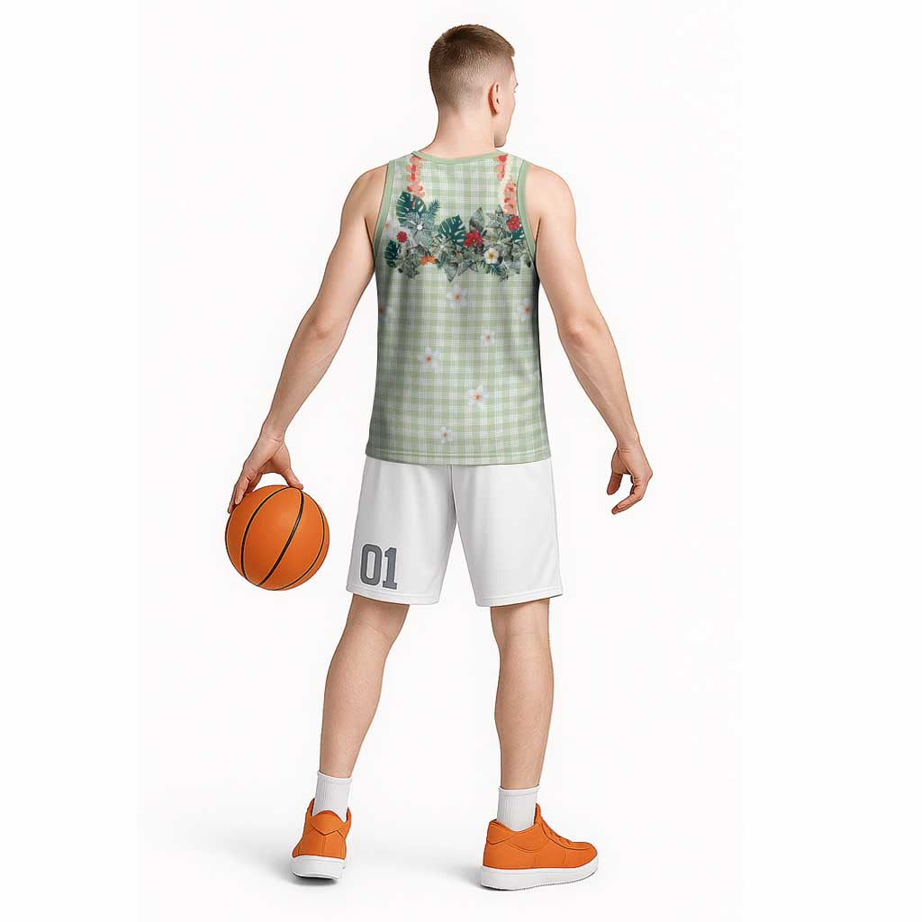 Sage Green Hawaiian Palaka Basketball Jersey Kukui Nut Money Lei - Polynesian Pride