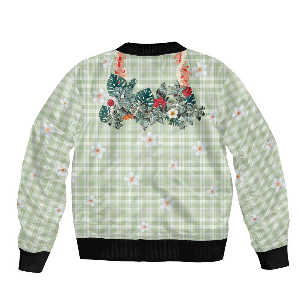 Sage Green Hawaiian Palaka Bomber Jacket Kukui Nut Money Lei - Polynesian Pride