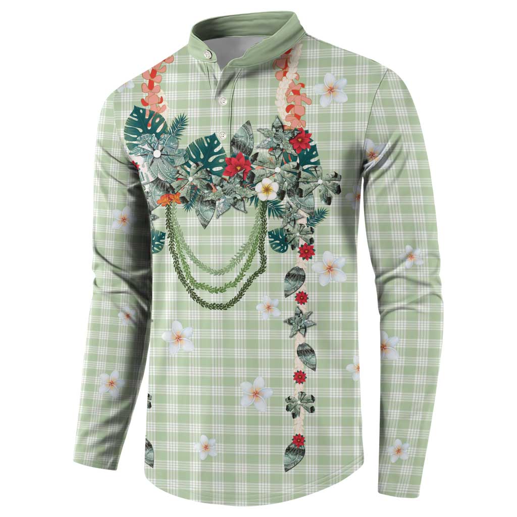 Sage Green Hawaiian Palaka Button Sweatshirt Kukui Nut Money Lei - Polynesian Pride