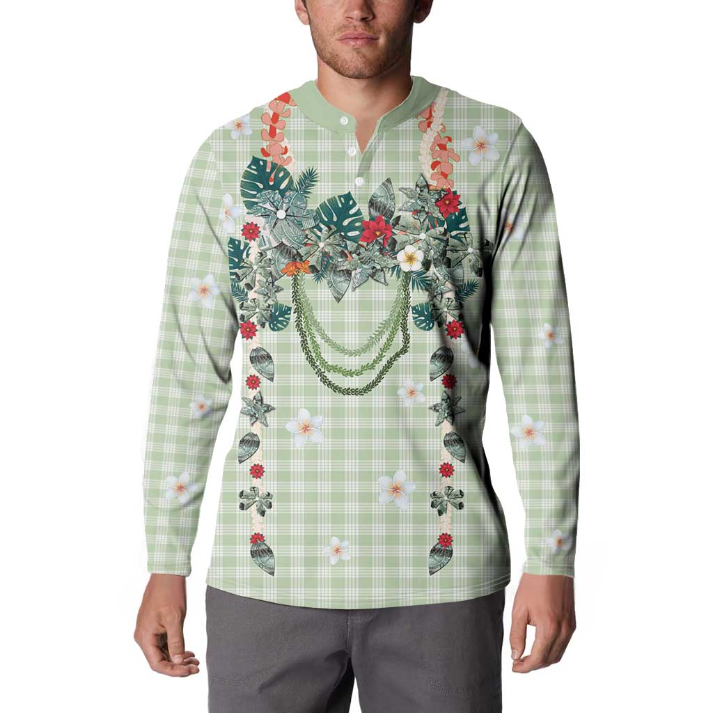 Sage Green Hawaiian Palaka Button Sweatshirt Kukui Nut Money Lei - Polynesian Pride