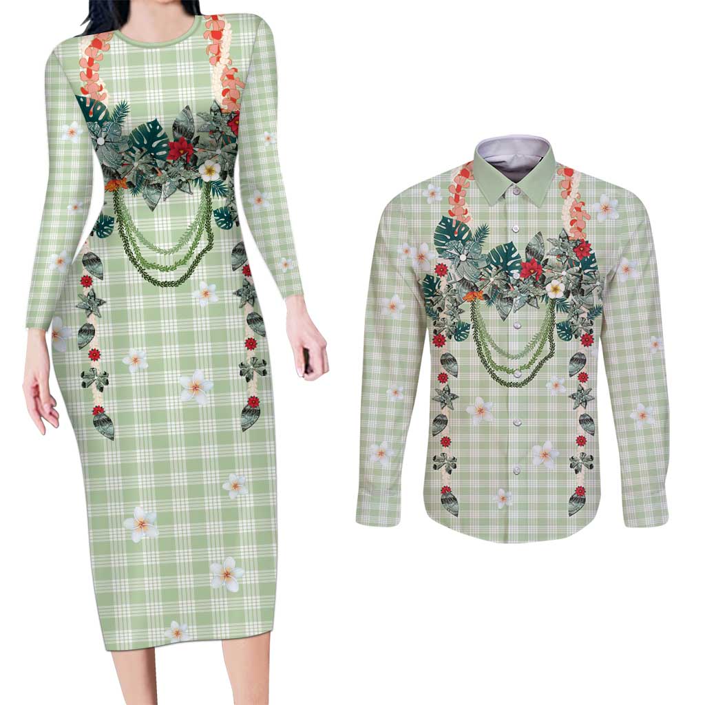 Sage Green Hawaiian Palaka Couples Matching Long Sleeve Bodycon Dress and Long Sleeve Button Shirt Kukui Nut Money Lei - Polynesian Pride