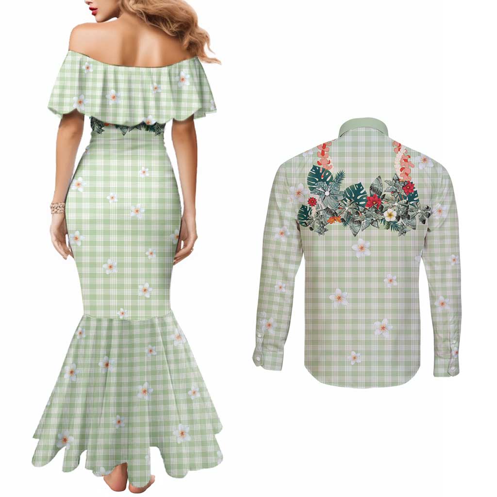 Sage Green Hawaiian Palaka Couples Matching Mermaid Dress and Long Sleeve Button Shirt Kukui Nut Money Lei - Polynesian Pride