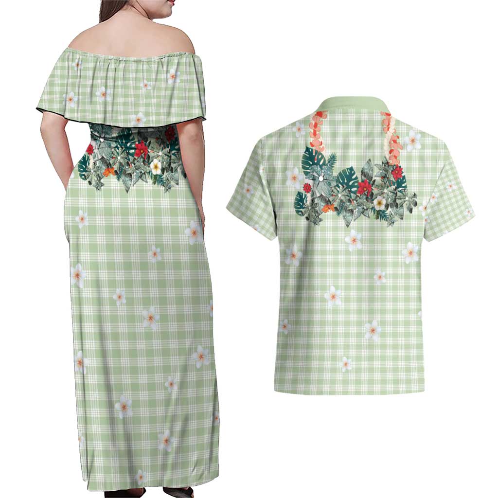 Sage Green Hawaiian Palaka Couples Matching Off Shoulder Maxi Dress and Hawaiian Shirt Kukui Nut Money Lei - Polynesian Pride