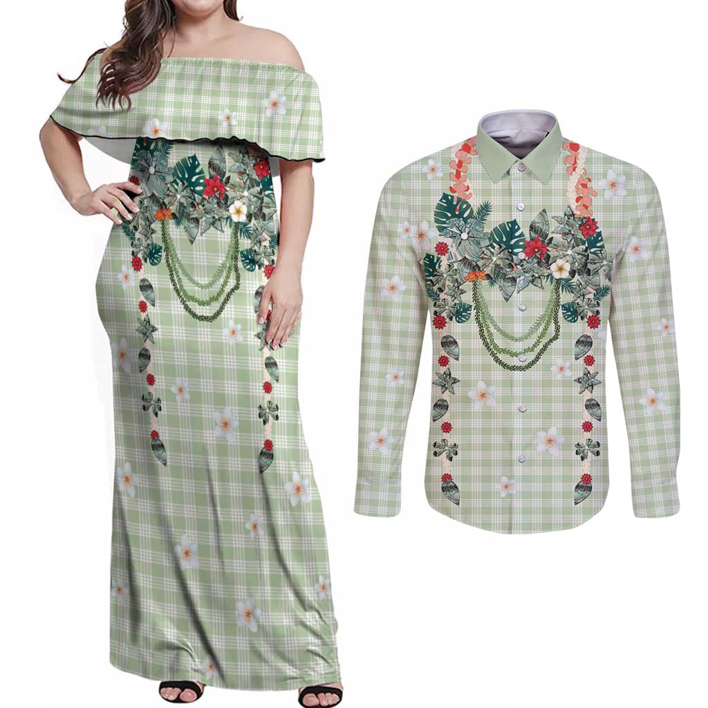Sage Green Hawaiian Palaka Couples Matching Off Shoulder Maxi Dress and Long Sleeve Button Shirt Kukui Nut Money Lei - Polynesian Pride