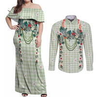 Sage Green Hawaiian Palaka Couples Matching Off Shoulder Maxi Dress and Long Sleeve Button Shirt Kukui Nut Money Lei - Polynesian Pride
