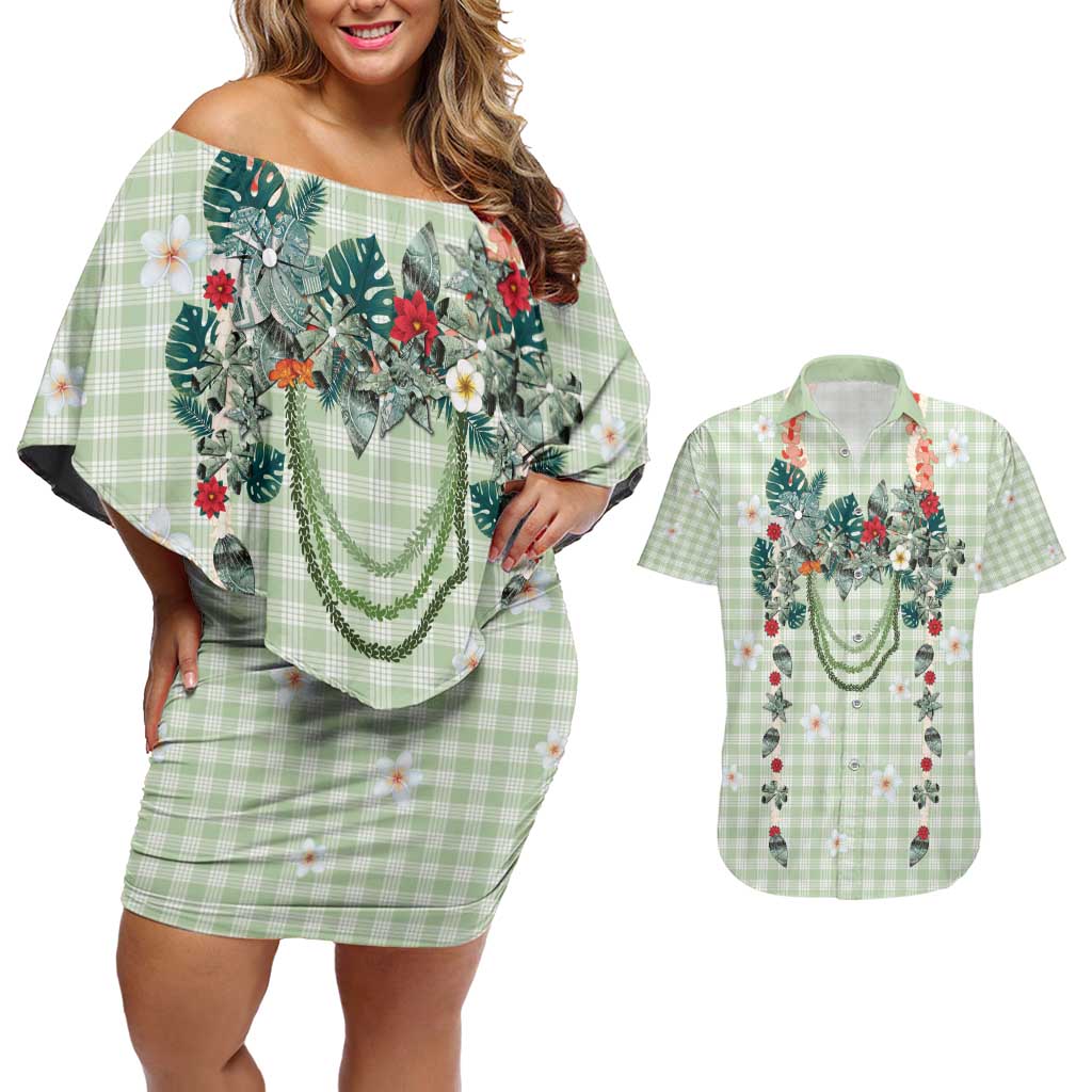 Sage Green Hawaiian Palaka Couples Matching Off Shoulder Short Dress and Hawaiian Shirt Kukui Nut Money Lei - Polynesian Pride
