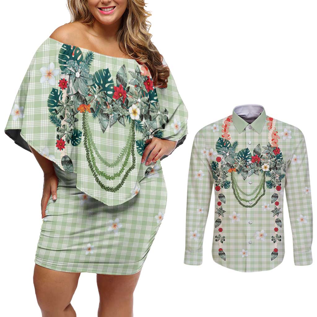 Sage Green Hawaiian Palaka Couples Matching Off Shoulder Short Dress and Long Sleeve Button Shirt Kukui Nut Money Lei - Polynesian Pride