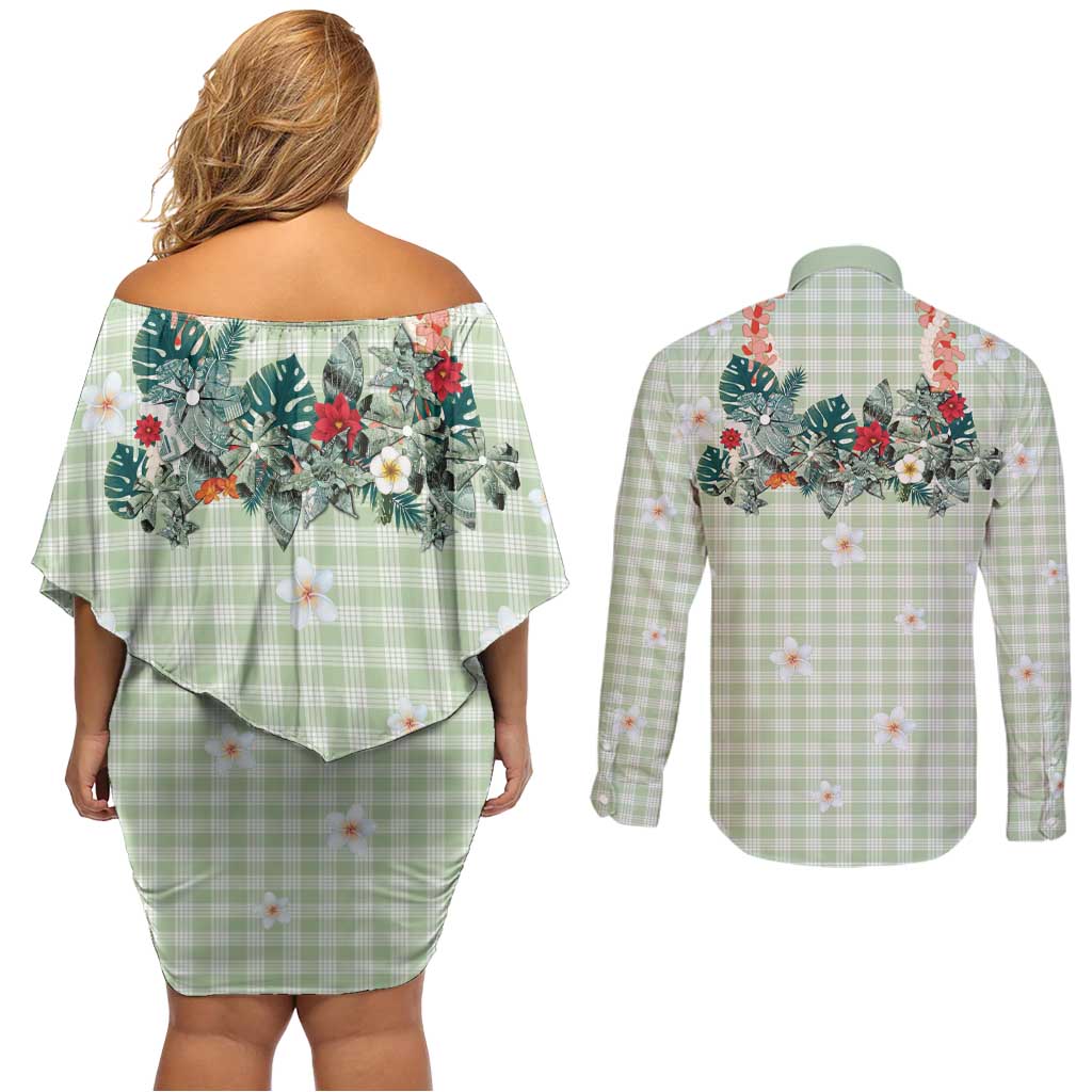 Sage Green Hawaiian Palaka Couples Matching Off Shoulder Short Dress and Long Sleeve Button Shirt Kukui Nut Money Lei - Polynesian Pride