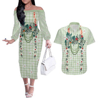 Sage Green Hawaiian Palaka Couples Matching Off The Shoulder Long Sleeve Dress and Hawaiian Shirt Kukui Nut Money Lei - Polynesian Pride