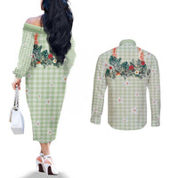 Sage Green Hawaiian Palaka Couples Matching Off The Shoulder Long Sleeve Dress and Long Sleeve Button Shirt Kukui Nut Money Lei - Polynesian Pride