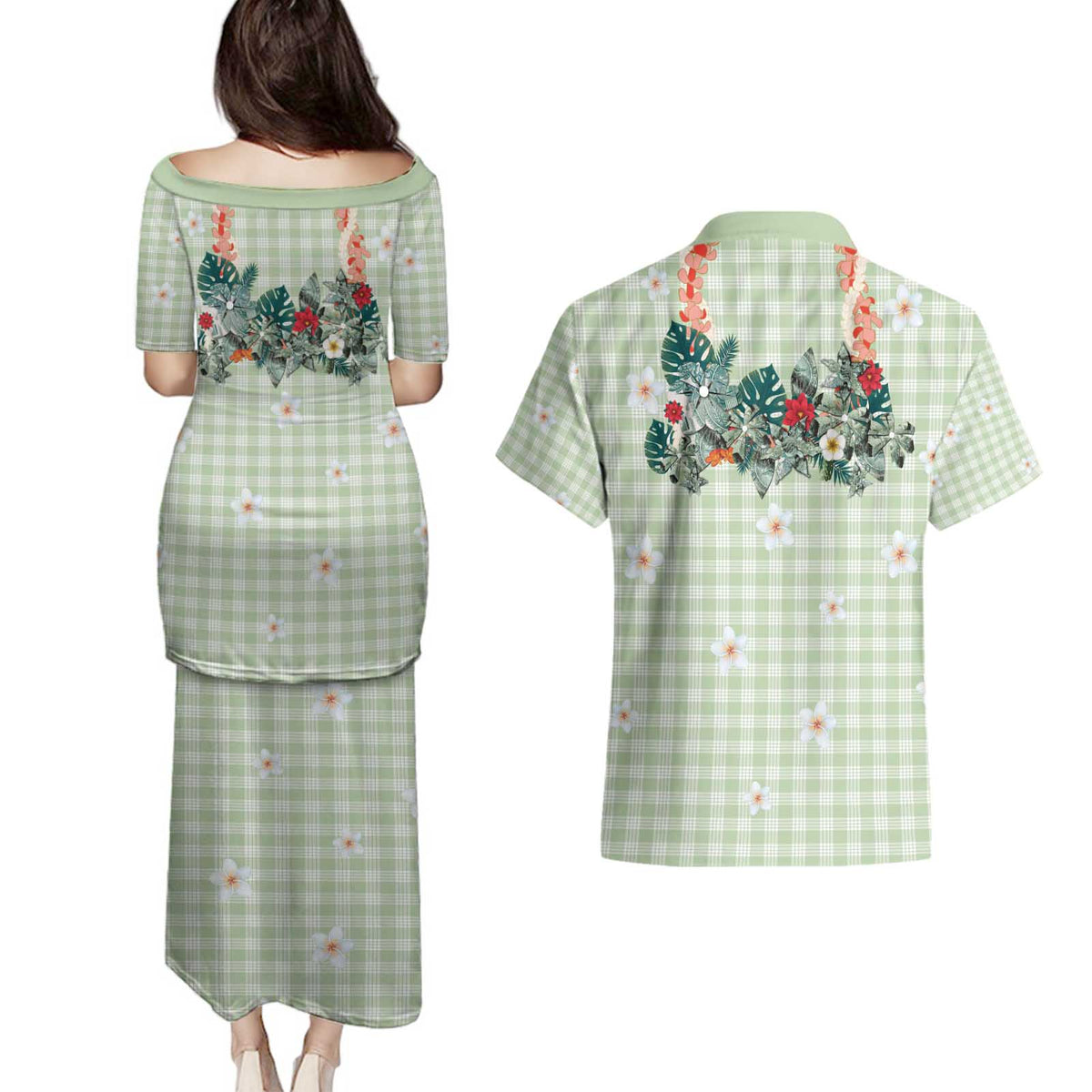 Sage Green Hawaiian Palaka Couples Matching Puletasi and Hawaiian Shirt Kukui Nut Money Lei - Polynesian Pride