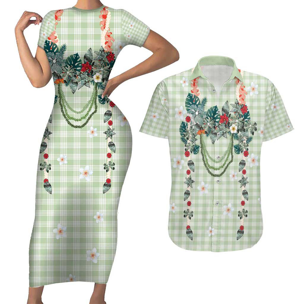 Sage Green Hawaiian Palaka Couples Matching Short Sleeve Bodycon Dress and Hawaiian Shirt Kukui Nut Money Lei - Polynesian Pride