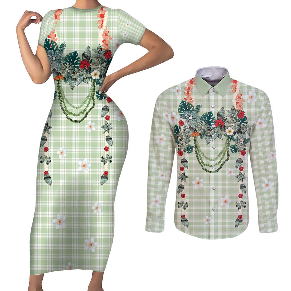 Sage Green Hawaiian Palaka Couples Matching Short Sleeve Bodycon Dress and Long Sleeve Button Shirt Kukui Nut Money Lei - Polynesian Pride