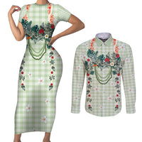 Sage Green Hawaiian Palaka Couples Matching Short Sleeve Bodycon Dress and Long Sleeve Button Shirt Kukui Nut Money Lei - Polynesian Pride