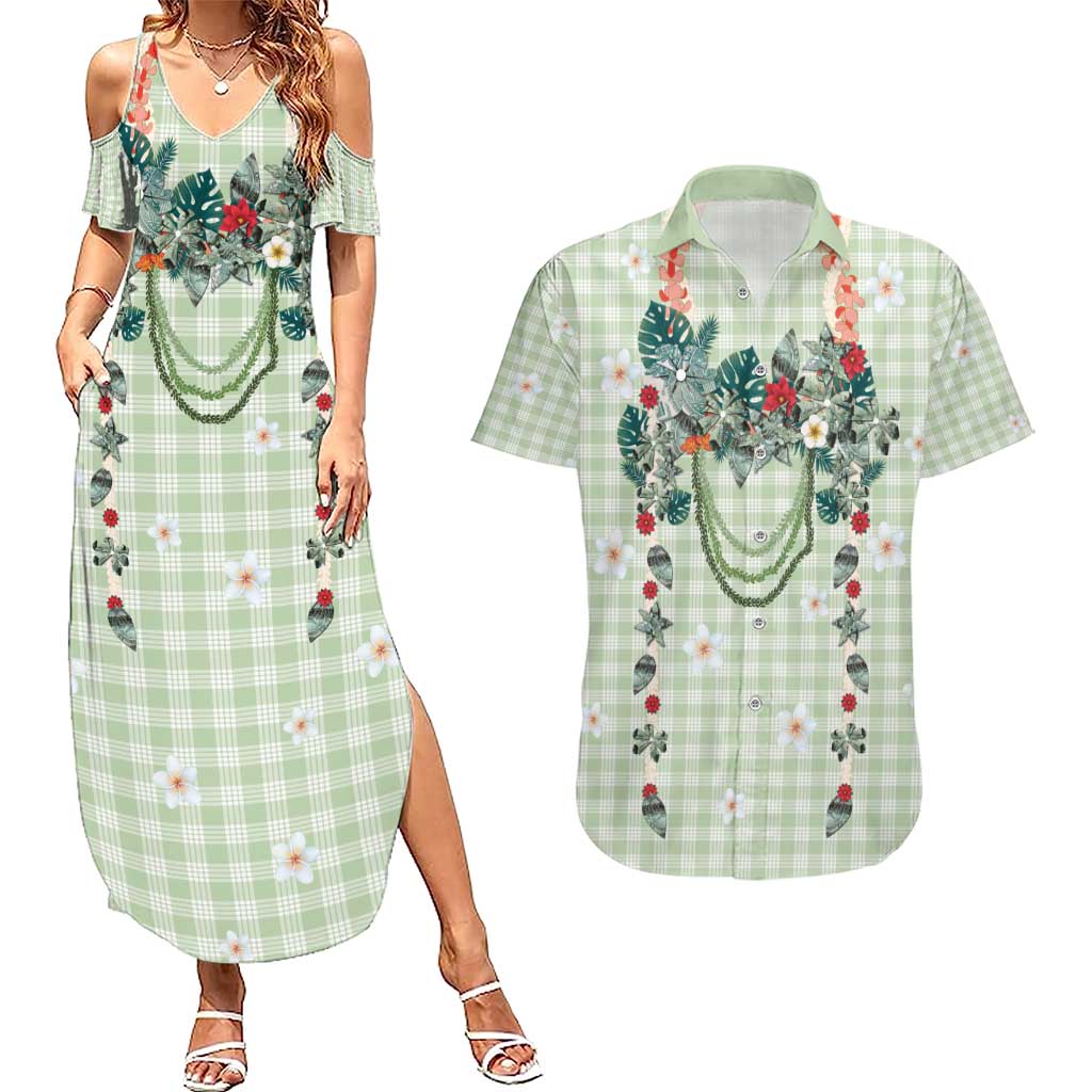 Sage Green Hawaiian Palaka Couples Matching Summer Maxi Dress and Hawaiian Shirt Kukui Nut Money Lei - Polynesian Pride