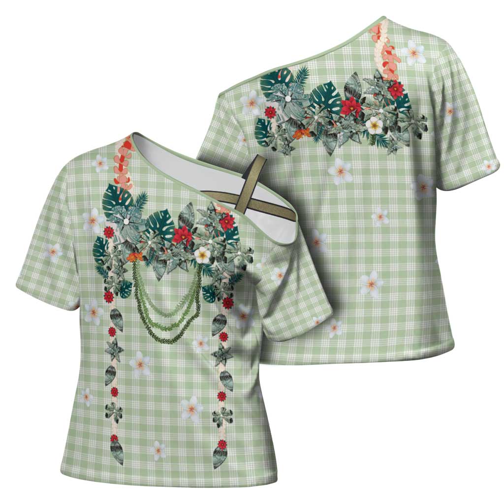 Sage Green Hawaiian Palaka Cross Shoulder Shirt Kukui Nut Money Lei - Polynesian Pride