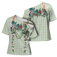 Sage Green Hawaiian Palaka Cross Shoulder Shirt Kukui Nut Money Lei - Polynesian Pride