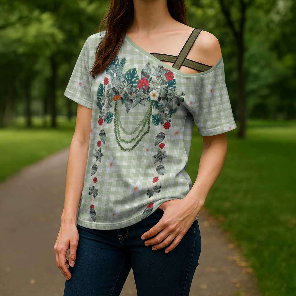 Sage Green Hawaiian Palaka Cross Shoulder Shirt Kukui Nut Money Lei - Polynesian Pride