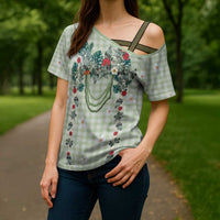 Sage Green Hawaiian Palaka Cross Shoulder Shirt Kukui Nut Money Lei - Polynesian Pride